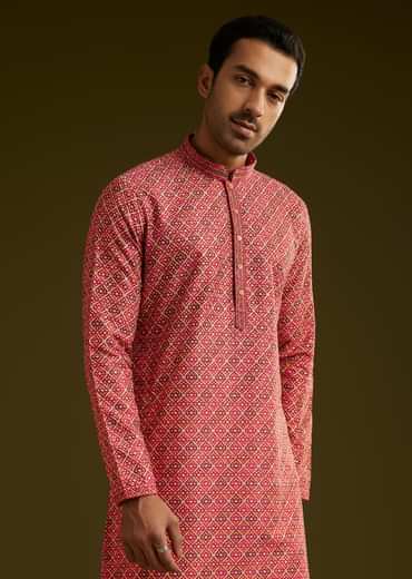 Pink Printed Kurta Set In Silk