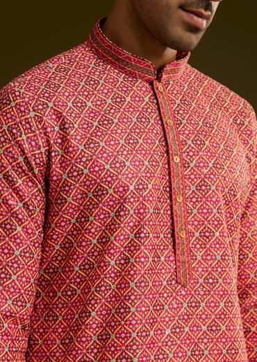 Pink Printed Kurta Set In Silk