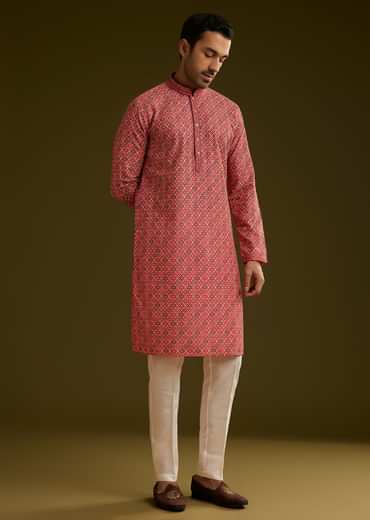 Pink Printed Kurta Set In Silk