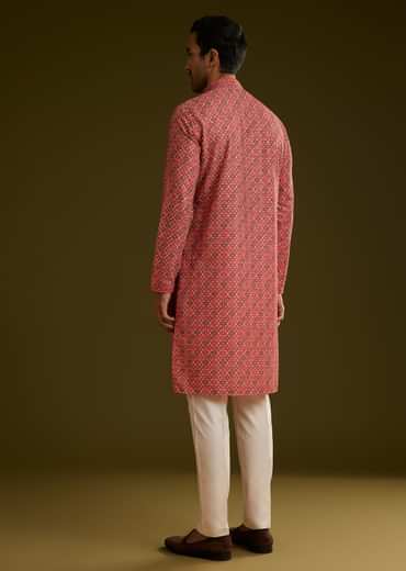 Pink Printed Kurta Set In Silk