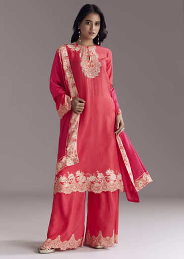 Pink Printed Palazzo Set With Mirror Work