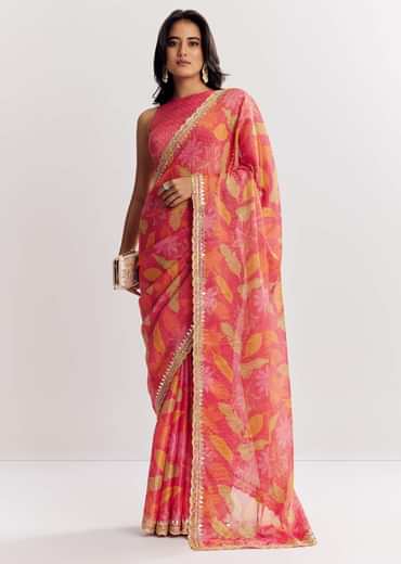 Pink Printed Tissue Lurex Saree With Zari Mirror And Cutdana Embroidery