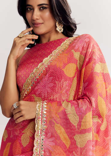Pink Printed Tissue Lurex Saree With Zari Mirror And Cutdana Embroidery