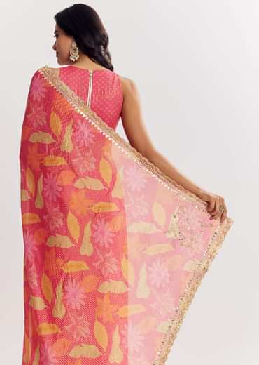 Pink Printed Tissue Lurex Saree With Zari Mirror And Cutdana Embroidery