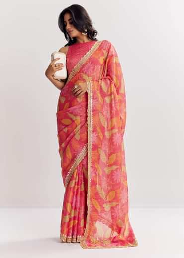 Pink Printed Tissue Lurex Saree With Zari Mirror And Cutdana Embroidery