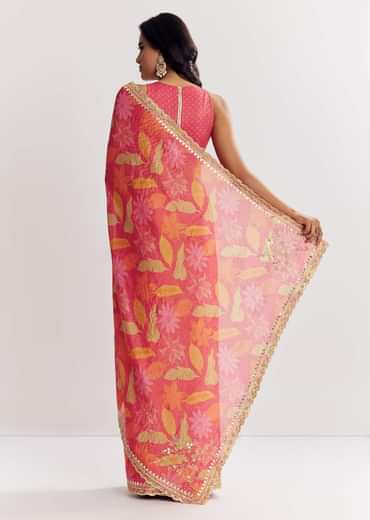 Pink Printed Tissue Lurex Saree With Zari Mirror And Cutdana Embroidery