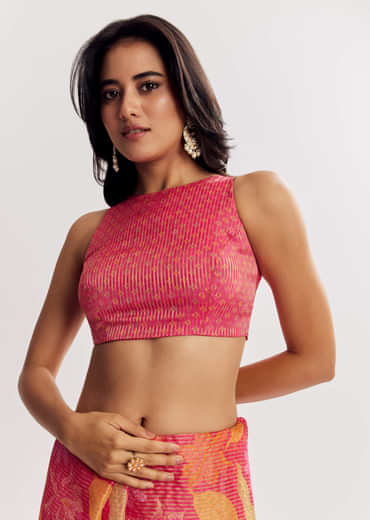 Pink Printed Tissue Lurex Saree With Zari Mirror And Cutdana Embroidery