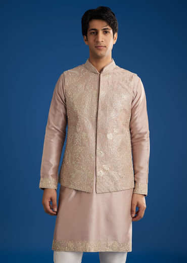 Pink Rawsilk Jacket Kurta Set With Zari Sequins And Cut Dana