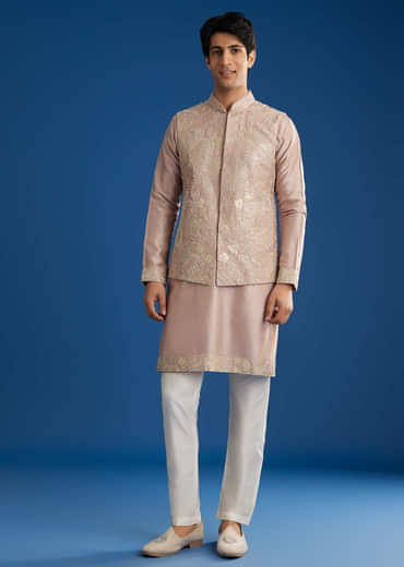 Pink Rawsilk Jacket Kurta Set With Zari Sequins And Cut Dana