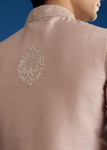 Pink Rawsilk Jacket Kurta Set With Zari Sequins And Cut Dana