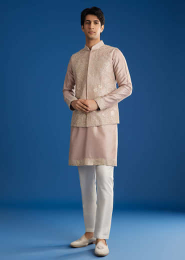 Pink Rawsilk Jacket Kurta Set With Zari Sequins And Cut Dana