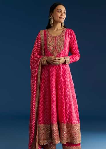 Pink Russian Silk Bandhani Anarkali With Leheriya Dupatta