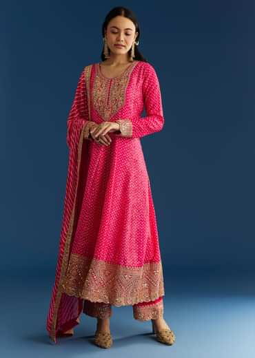 Pink Russian Silk Bandhani Anarkali With Leheriya Dupatta