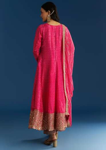 Pink Russian Silk Bandhani Anarkali With Leheriya Dupatta
