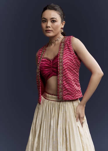 Pink Satin Festive Lehenga With Hand Dyed Chevron Print Jacket