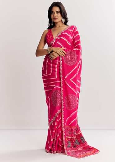 Pink Satin Saree With Gota And Mirror Embroidery