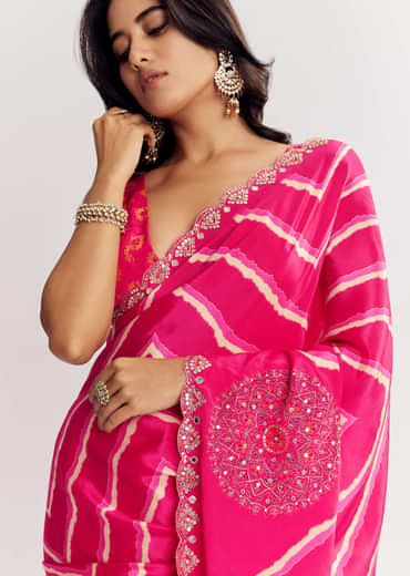 Pink Satin Saree With Gota And Mirror Embroidery