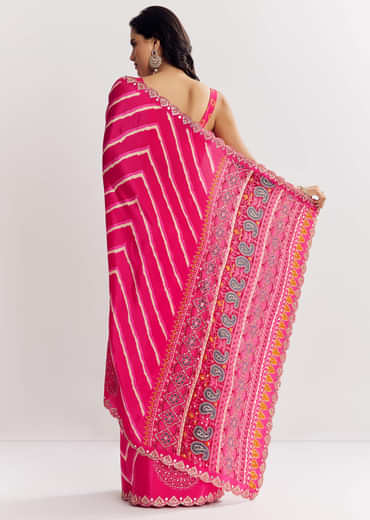Pink Satin Saree With Gota And Mirror Embroidery
