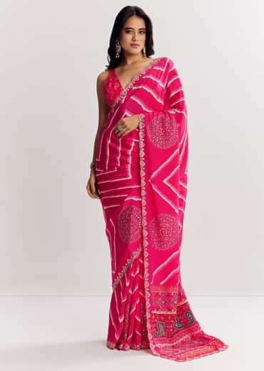 Pink Satin Saree With Gota And Mirror Embroidery