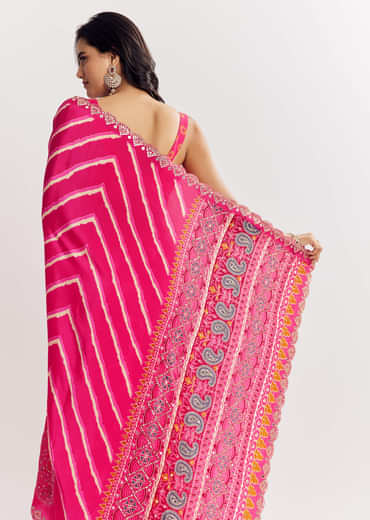Pink Satin Saree With Gota And Mirror Embroidery