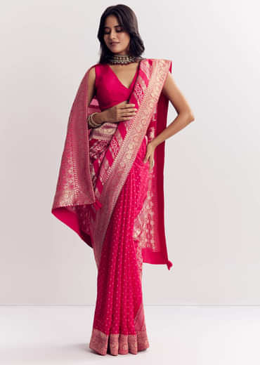 Pink Satin Saree With Zari Vine Design
