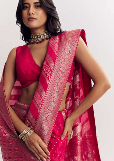 Pink Satin Saree With Zari Vine Design