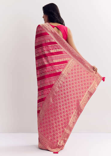 Pink Satin Saree With Zari Vine Design