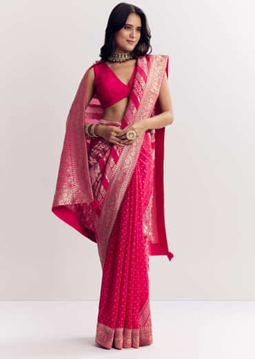 Pink Satin Saree With Zari Vine Design