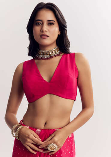 Pink Satin Saree With Zari Vine Design