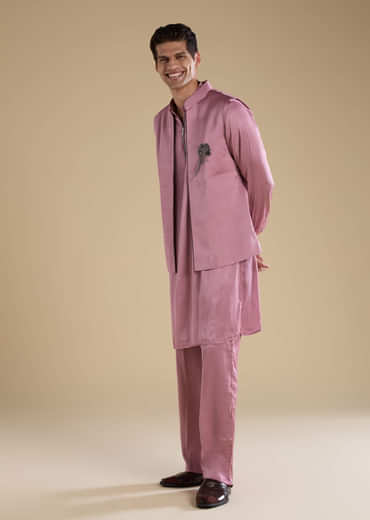 Pink Satin Silk Jacket and Kurta Set with Metal Work