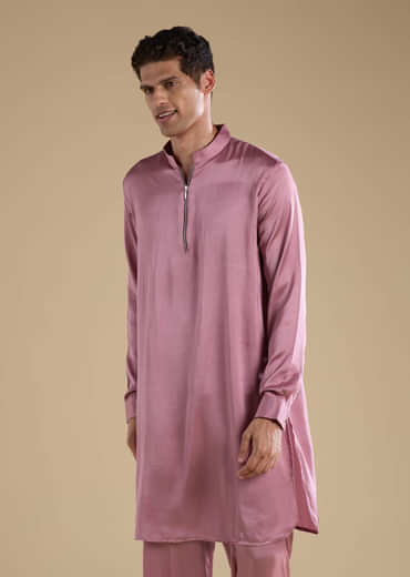 Pink Satin Silk Jacket and Kurta Set with Metal Work