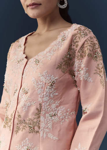 Pink Satin Silk Top Skirt Set with Moti Embellishments