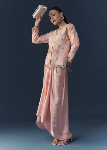 Pink Satin Silk Top Skirt Set with Moti Embellishments