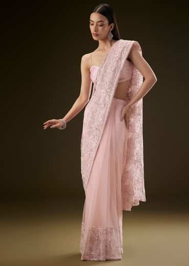 Pink Sequins Saree With Ruched Blouse