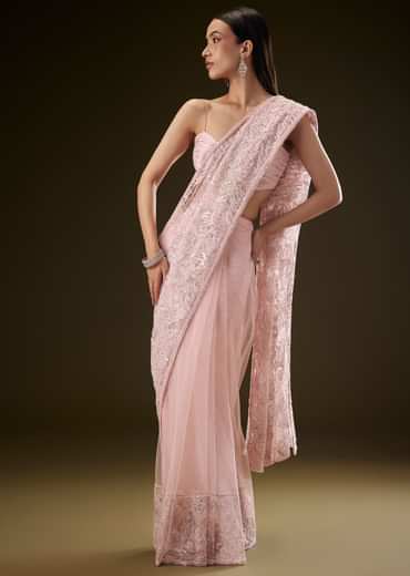 Pink Sequins Saree With Ruched Blouse