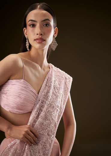 Pink Sequins Saree With Ruched Blouse