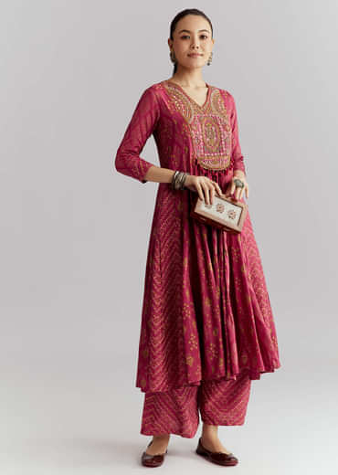 Pink Silk Anarkali Suit With Indie Print And Intricate Embroidery