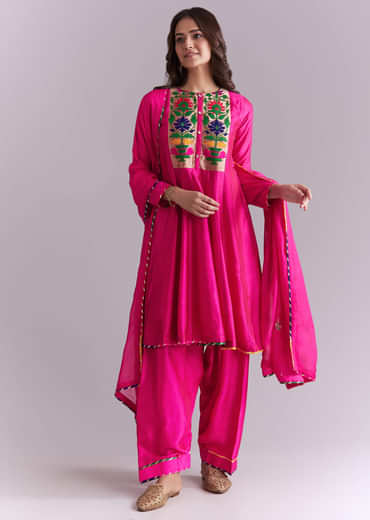 Pink Silk Anarkali Suit With Pathani Patch Work