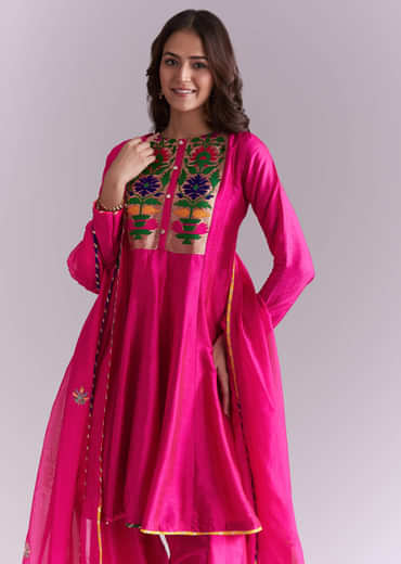 Pink Silk Anarkali Suit With Pathani Patch Work