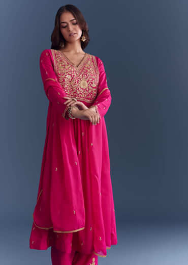 Pink Silk Anarkali Suit With Zari Thread Embroidery