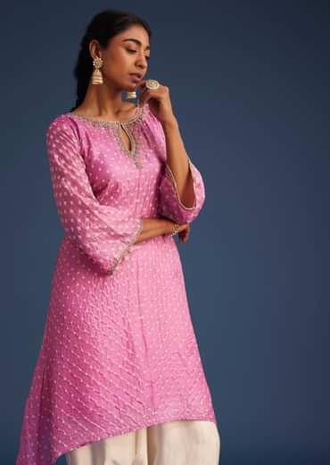 Pink Silk Bandhani Embroidered Asymmetrical Kurta Dhoti Set