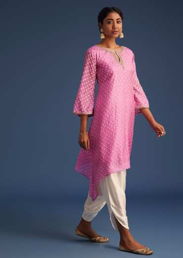 Pink Silk Bandhani Embroidered Asymmetrical Kurta Dhoti Set