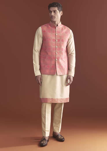 Pink Silk Bandhani Kurta Jacket Set For Men With Geometric Motifs