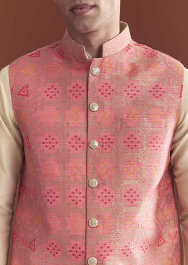 Pink Silk Bandhani Kurta Jacket Set For Men With Geometric Motifs