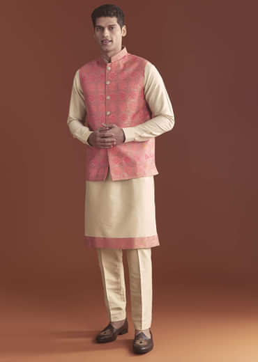 Pink Silk Bandhani Kurta Jacket Set For Men With Geometric Motifs