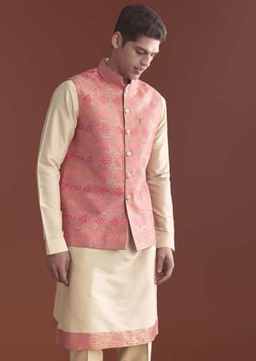 Pink Silk Bandhani Kurta Jacket Set For Men With Geometric Motifs
