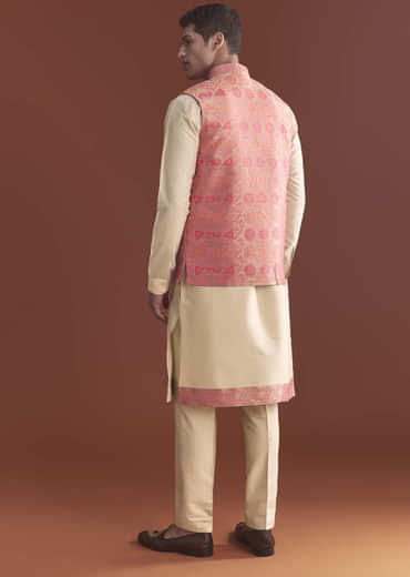 Pink Silk Bandhani Kurta Jacket Set For Men With Geometric Motifs