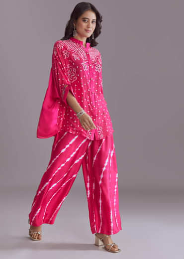 Pink Silk Co-Ord Set With Authentic Bandhani And Leheriya Print