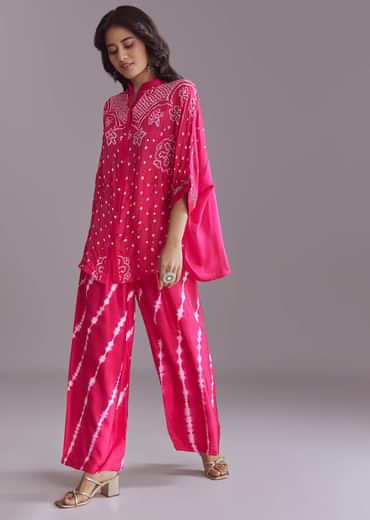 Pink Silk Co-Ord Set With Authentic Bandhani And Leheriya Print