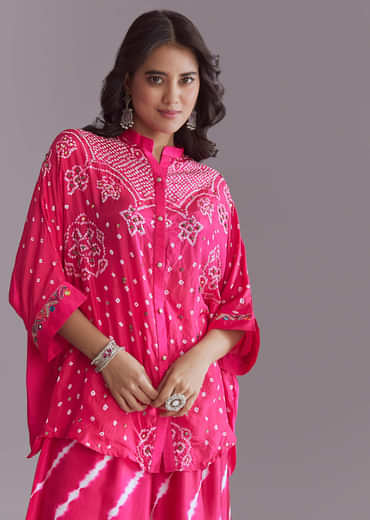 Pink Silk Co-Ord Set With Authentic Bandhani And Leheriya Print